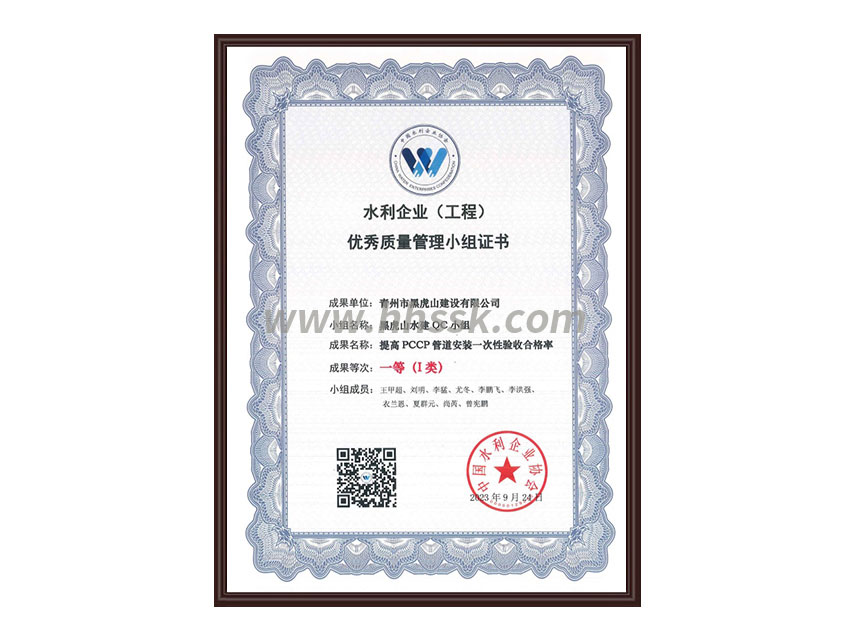 水利企業(yè)（工程）優(yōu) 秀質(zhì)量管理小組證書